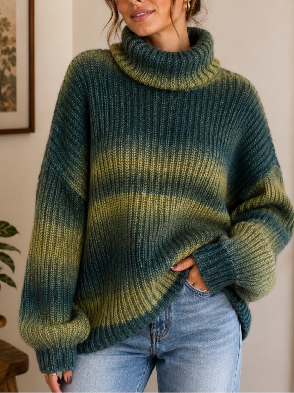 Old Navy Chunky Knit Turtleneck Sweater Large Green Brushed Halo Oversized Cozy - Picture 1 of 11